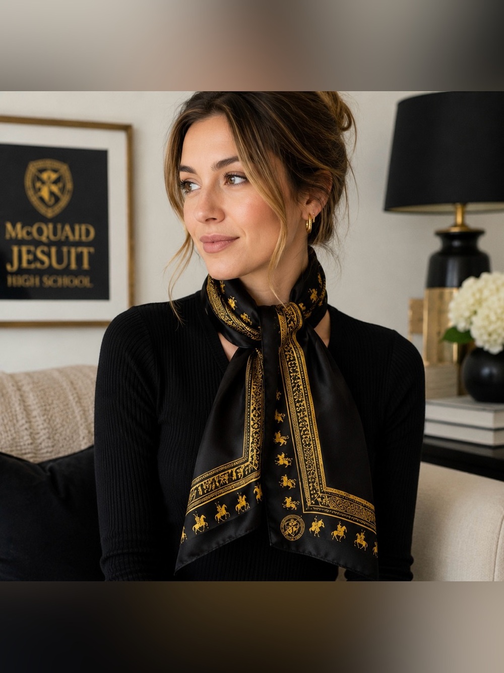 McQuaid Jesuit High School 100% Silk Commemorative Scarf Black Gold Vintage